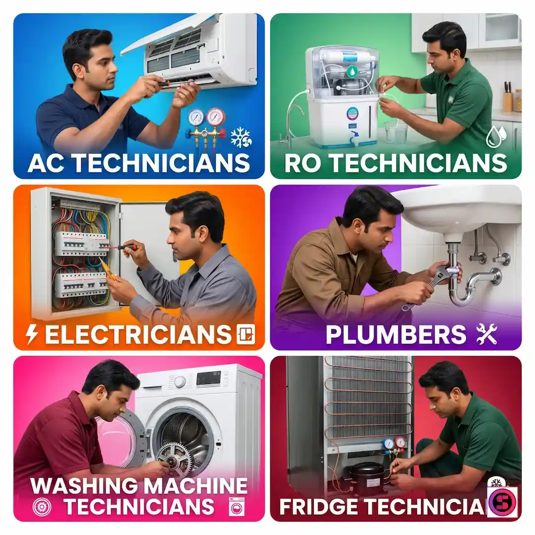 Technicians like AC, Fridge, RO, Electricians, Plumbers