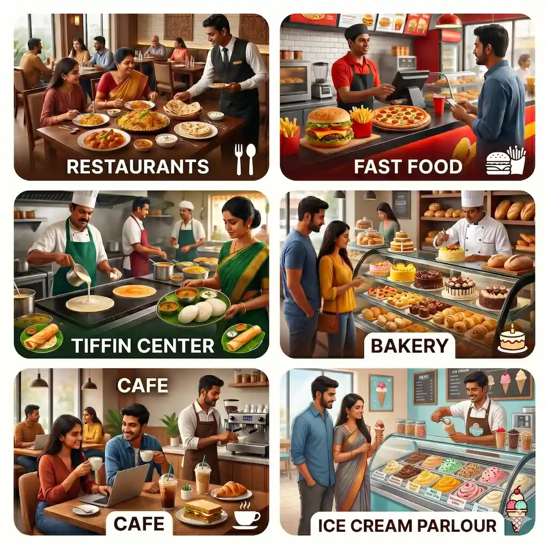 Restaurants, tiffin centers, cafes, bakeries, food businesses