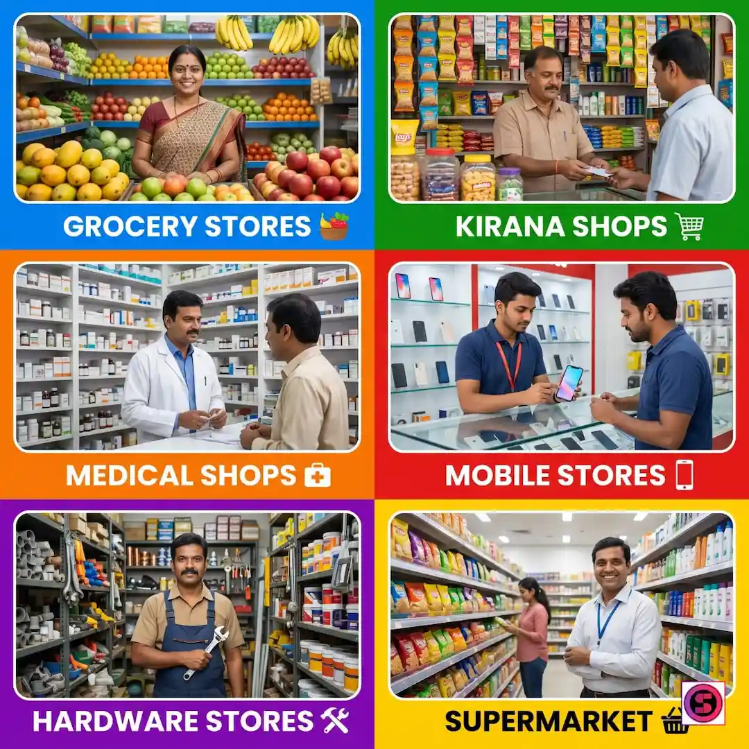 Retail shops like grocery, kirana, mobile, hardware stores